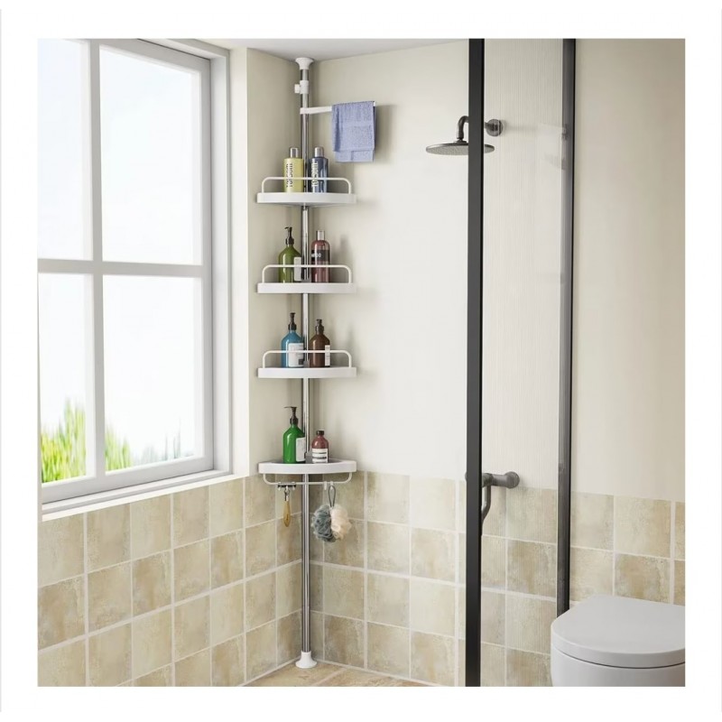 Raft pentru baie,4 nivele, 3 carlige, suport prosop, reglabil 100-320 cm, montare pe colt, alb