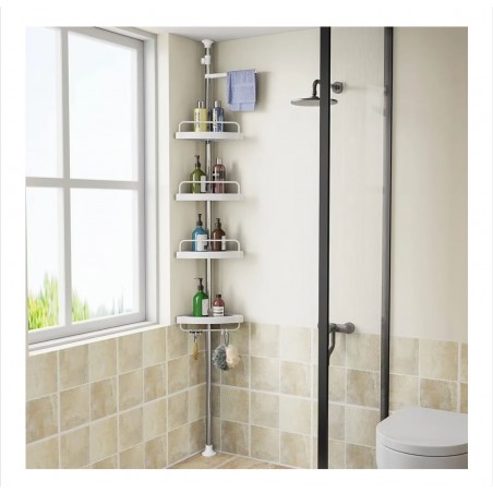 Raft pentru baie,4 nivele, 3 carlige, suport prosop, reglabil 100-320 cm, montare pe colt, alb