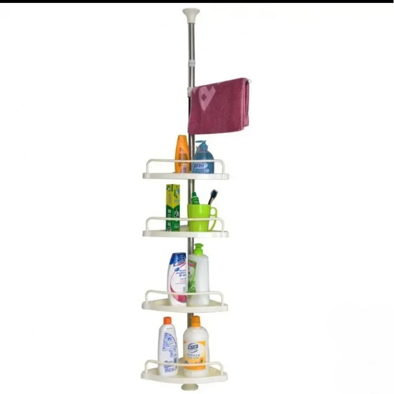 Raft pentru baie,4 nivele, 3 carlige, suport prosop, reglabil 100-320 cm, montare pe colt, alb