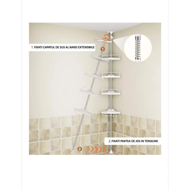 Raft pentru baie,4 nivele, 3 carlige, suport prosop, reglabil 100-320 cm, montare pe colt, alb