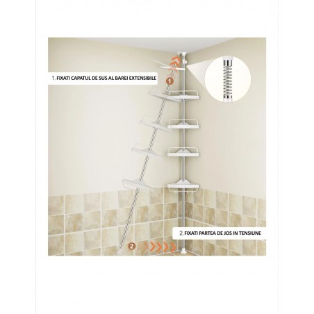 Raft pentru baie,4 nivele, 3 carlige, suport prosop, reglabil 100-320 cm, montare pe colt, alb