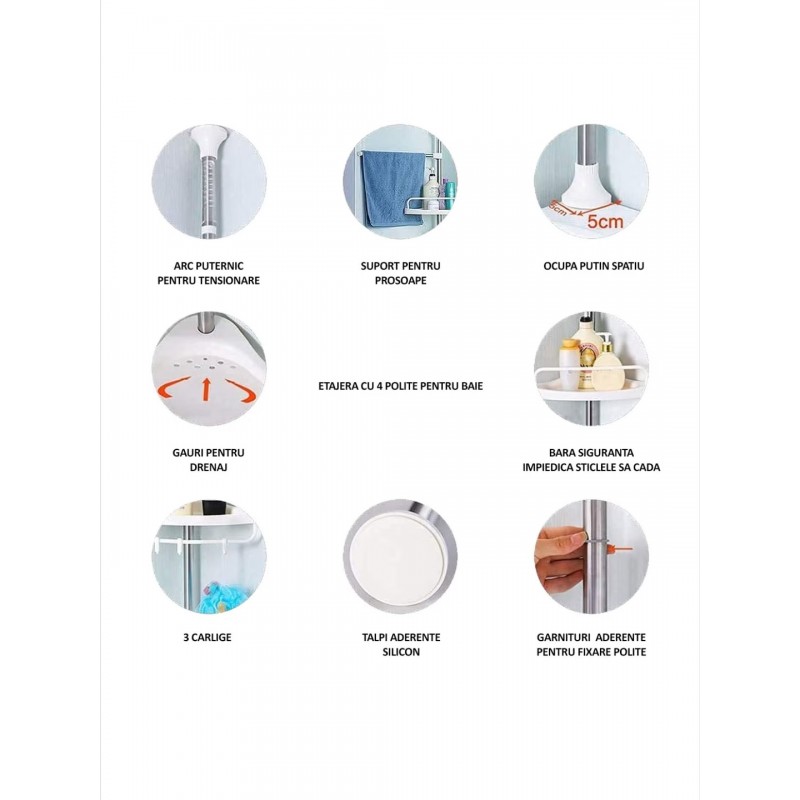 Raft pentru baie,4 nivele, 3 carlige, suport prosop, reglabil 100-320 cm, montare pe colt, alb