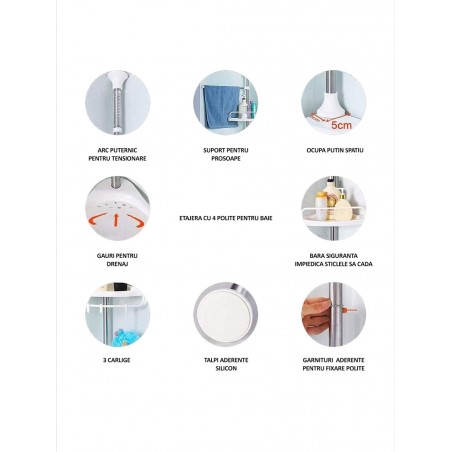 Raft pentru baie,4 nivele, 3 carlige, suport prosop, reglabil 100-320 cm, montare pe colt, alb
