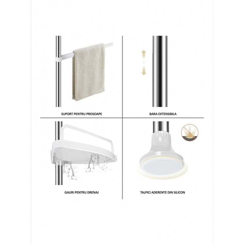 Raft pentru baie,4 nivele, 3 carlige, suport prosop, reglabil 100-320 cm, montare pe colt, alb