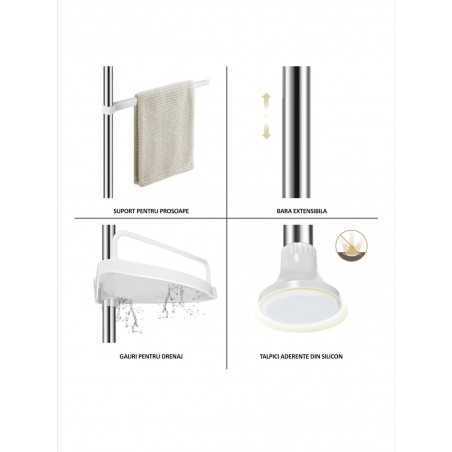 Raft pentru baie,4 nivele, 3 carlige, suport prosop, reglabil 100-320 cm, montare pe colt, alb