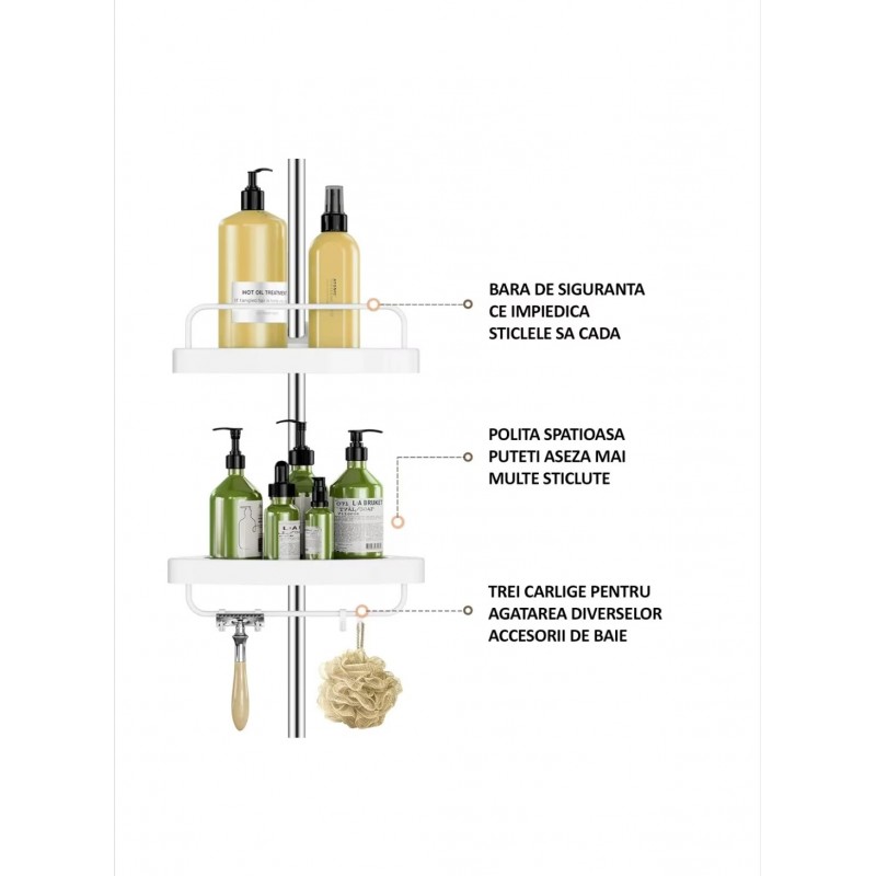 Raft pentru baie,4 nivele, 3 carlige, suport prosop, reglabil 100-320 cm, montare pe colt, alb