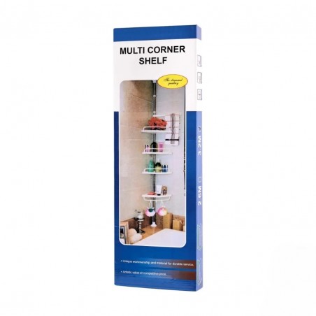 Raft pentru baie,4 nivele, 3 carlige, suport prosop, reglabil 100-320 cm, montare pe colt, alb