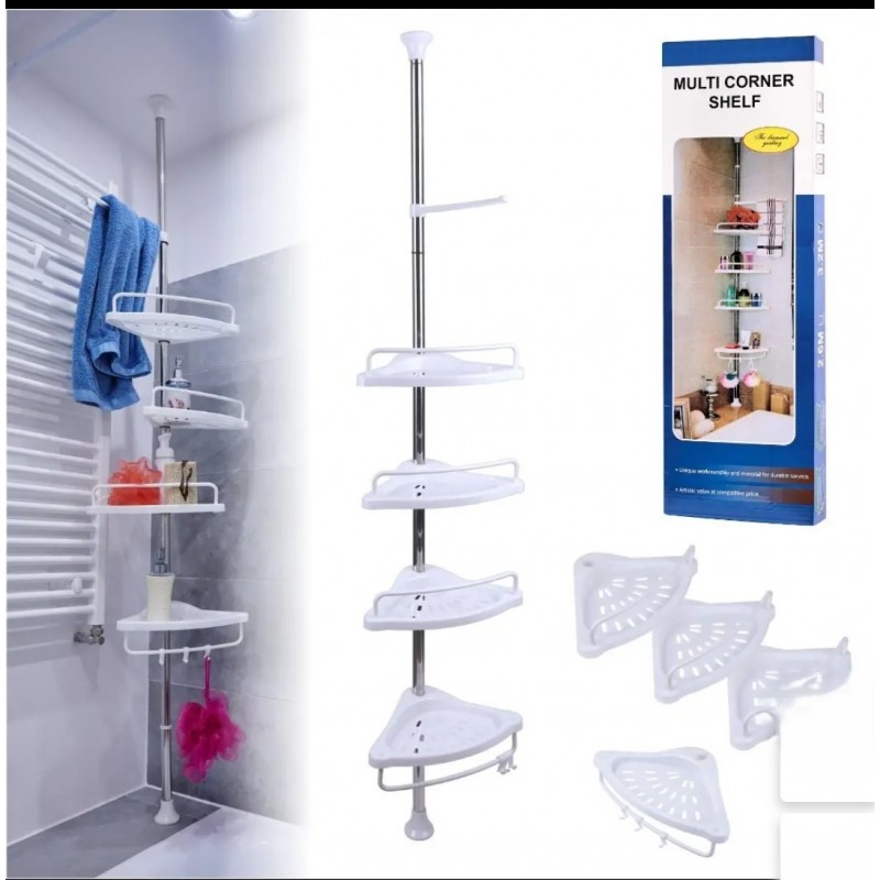 Raft pentru baie,4 nivele, 3 carlige, suport prosop, reglabil 100-320 cm, montare pe colt, alb