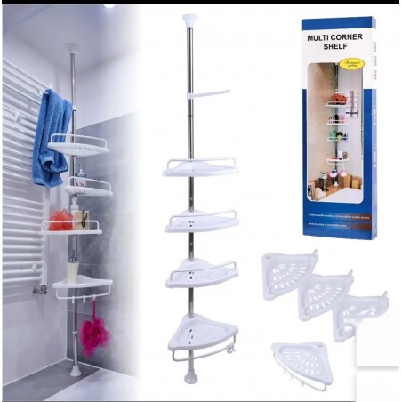 Raft pentru baie,4 nivele, 3 carlige, suport prosop, reglabil 100-320 cm, montare pe colt, alb