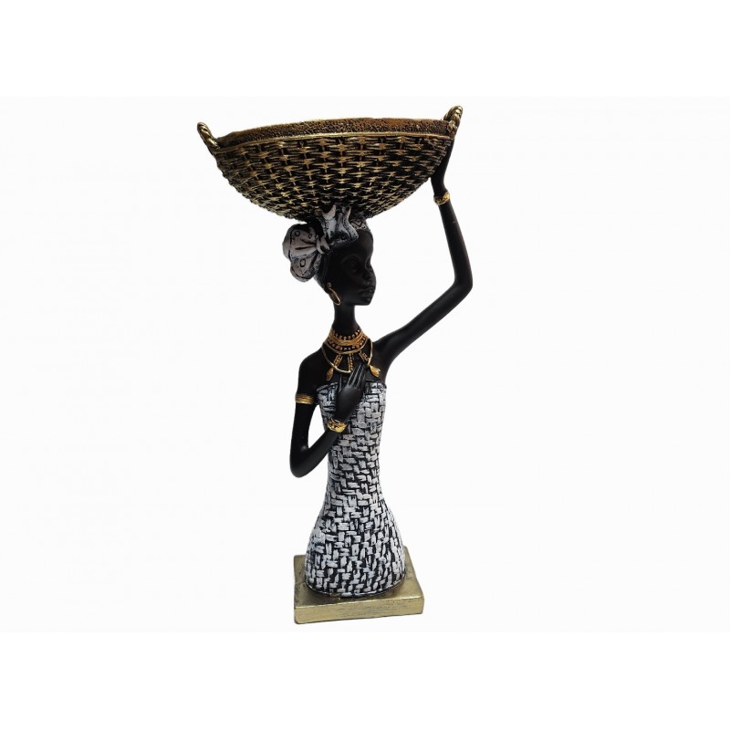Statuetă decorativă femeie africană cu coș, 30 cm