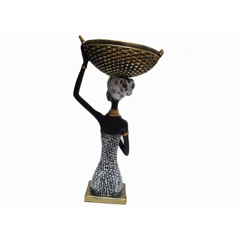 Statuetă decorativă femeie africană cu coș, 30 cm