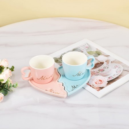 Set 2 cești ceramică + farfurie model inimă roz + albastru