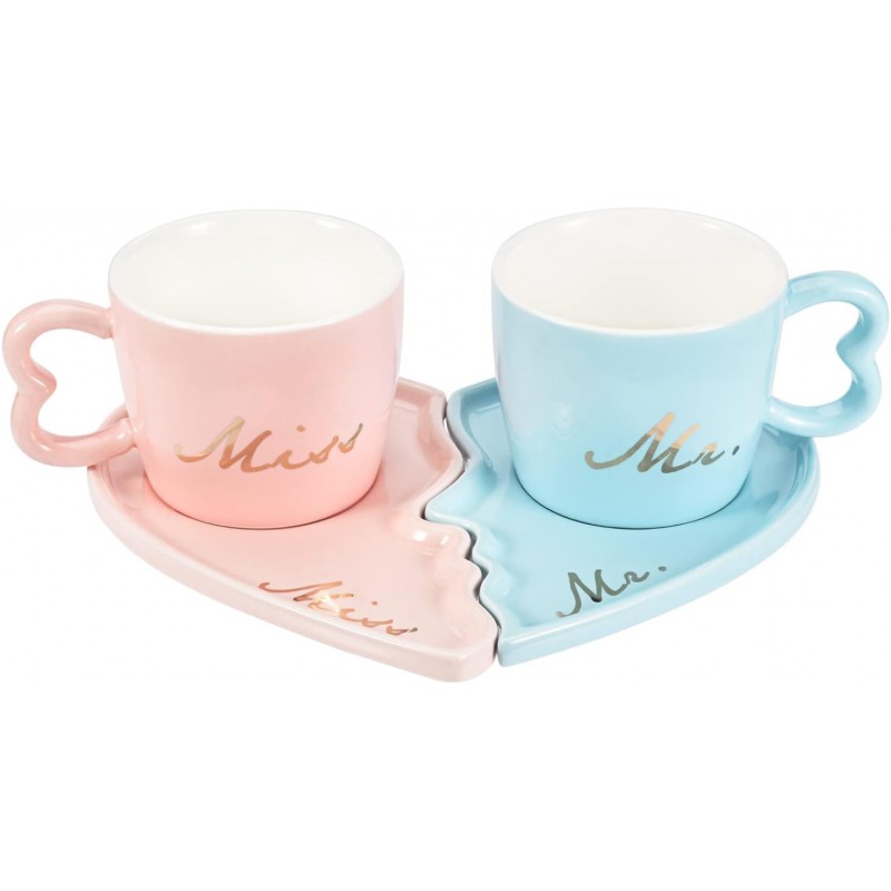 Set 2 cești ceramică + farfurie model inimă roz + albastru