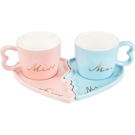 Set 2 cești ceramică + farfurie model inimă roz + albastru