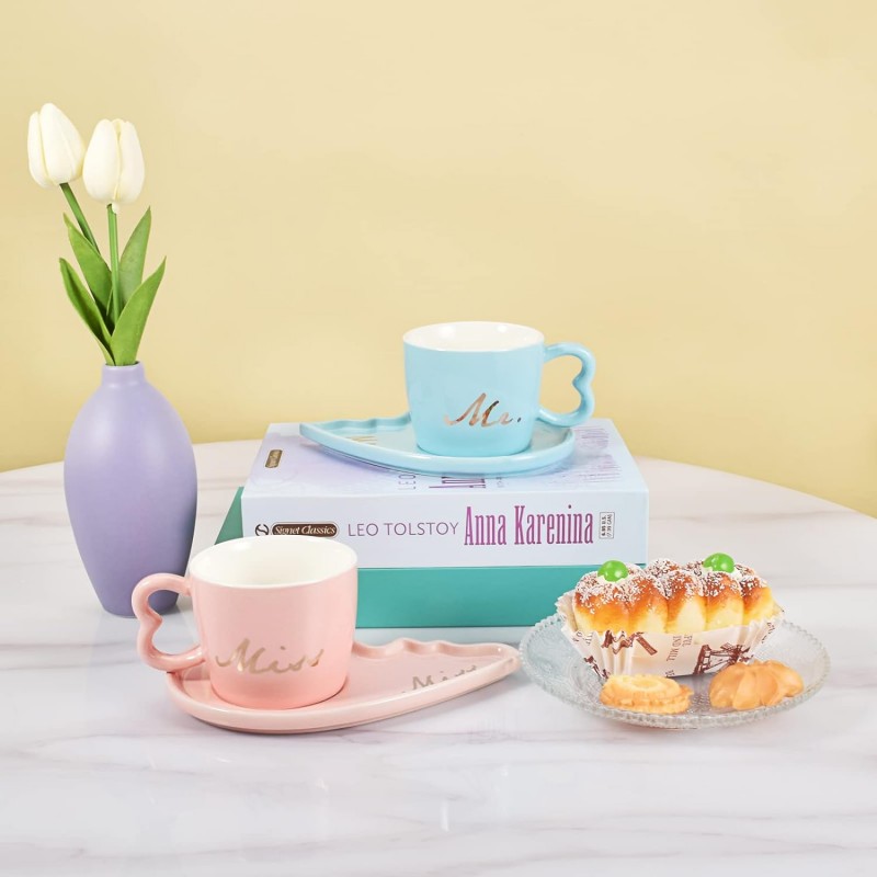 Set 2 cești ceramică + farfurie model inimă roz + albastru