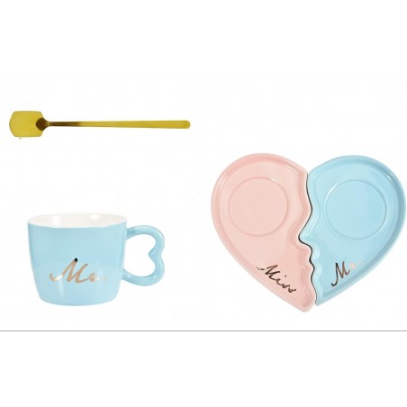 Set 2 cești ceramică + farfurie model inimă roz + albastru