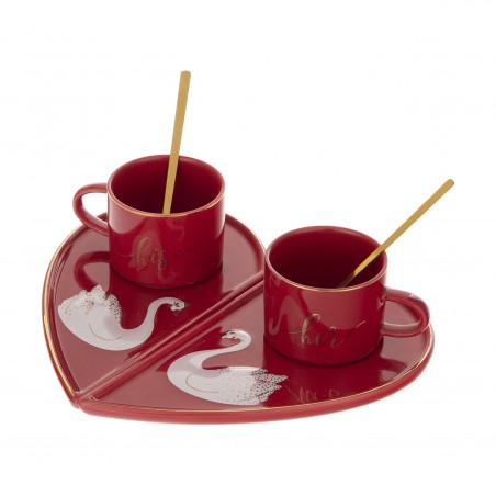 Set cadou romantic 2 cești ceramică + farfurioară inimă