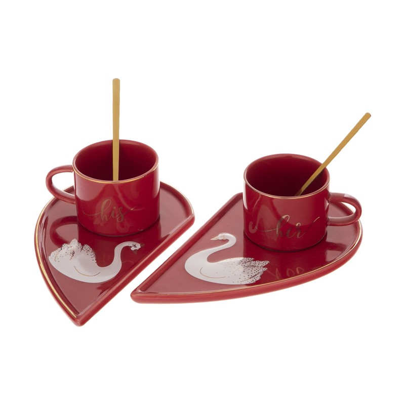Set cadou romantic 2 cești ceramică + farfurioară inimă