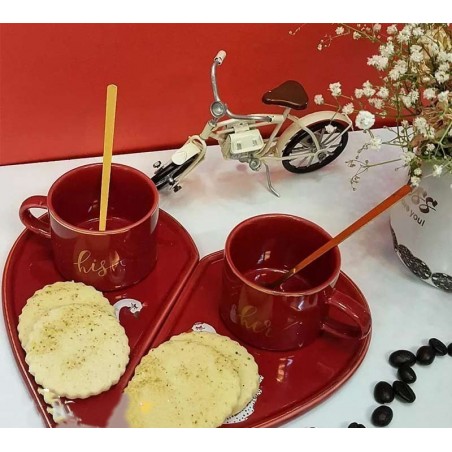 Set cadou romantic 2 cești ceramică + farfurioară inimă